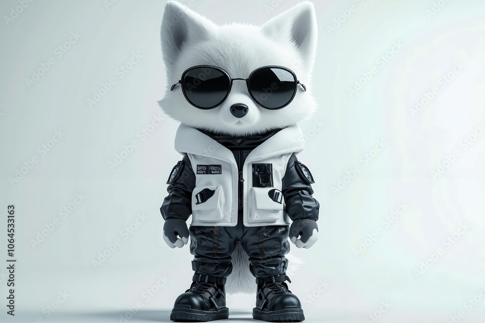 A white fox wearing sunglasses, a vest, and black boots A white fox wearing sunglasses, a vest, and black boots