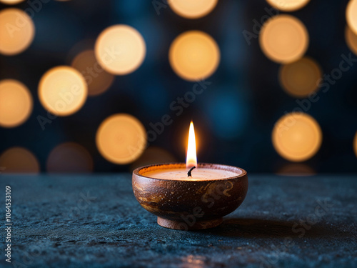 Lit Candle in Rustic Wooden Holder with Warm Bokeh Lights Background for Relaxation and Tranquility