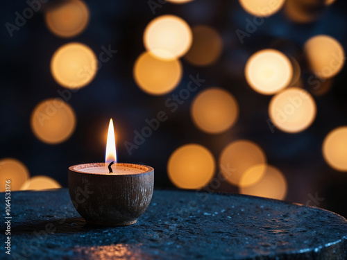 Warm Candlelight in Wooden Holder with Soft Golden Bokeh Background for Tranquil Ambience and Relaxation