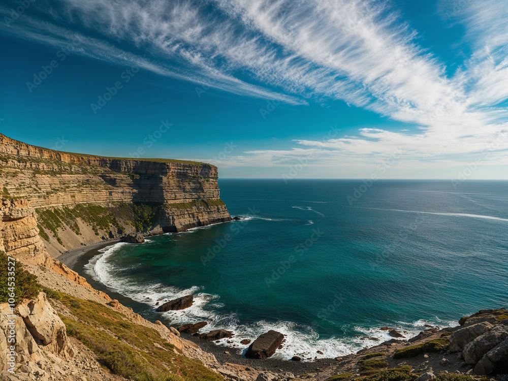 Fototapeta premium Majestic Coastal Cliffside Overlooking Crystal Blue Ocean with Clear Sky and Dramatic Clouds
