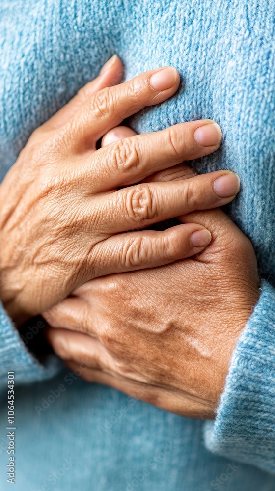 Fototapeta premium A close-up of two hands gently clasped together, conveying warmth, care, and tenderness against a soft, light blue background.