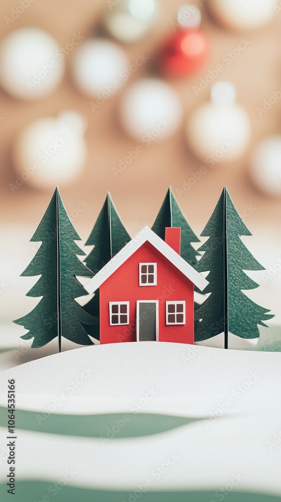 Cozy Red House Pop-up Card with Snowy Christmas Scene Cozy Red House Pop-up Card with Snowy Christmas Scene