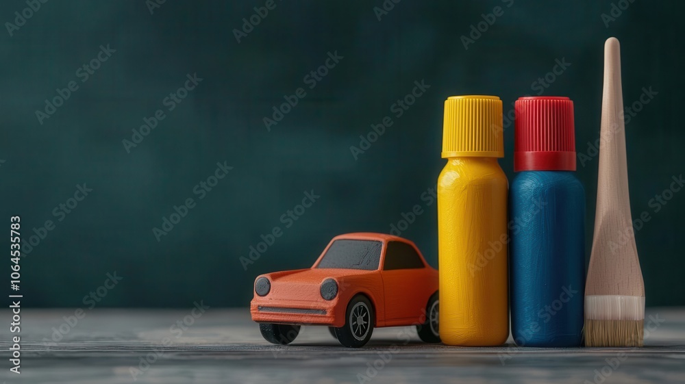 Fototapeta premium Glue and paint bottles arranged beside an unfinished model car, model car glue paint, representing the building process essentials, 3D illustration