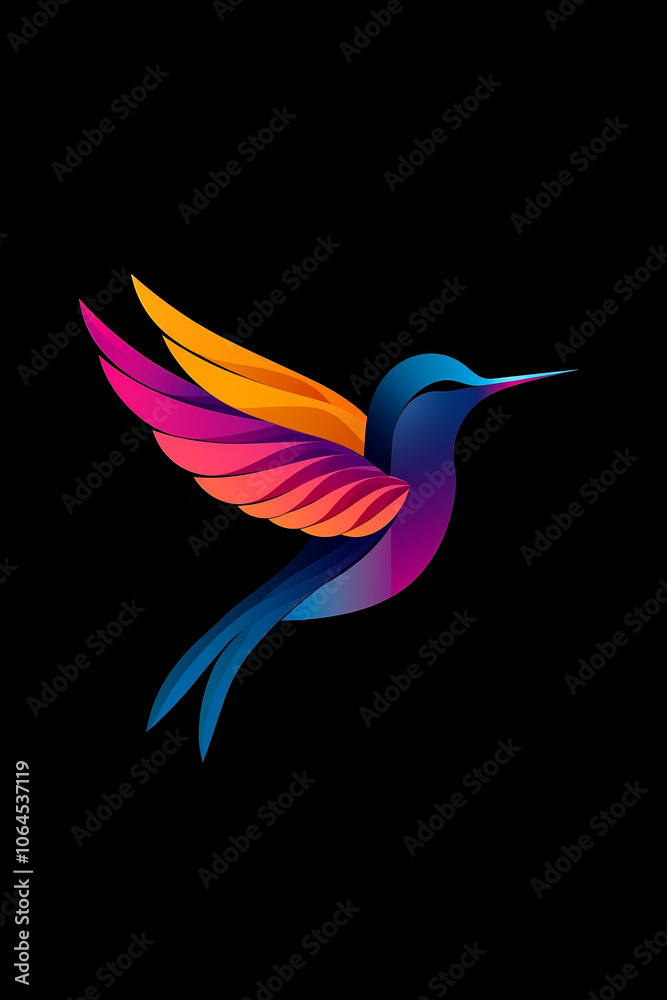 Fototapeta premium A colorful, stylized bird with a vibrant wing and a long beak, set against a black background