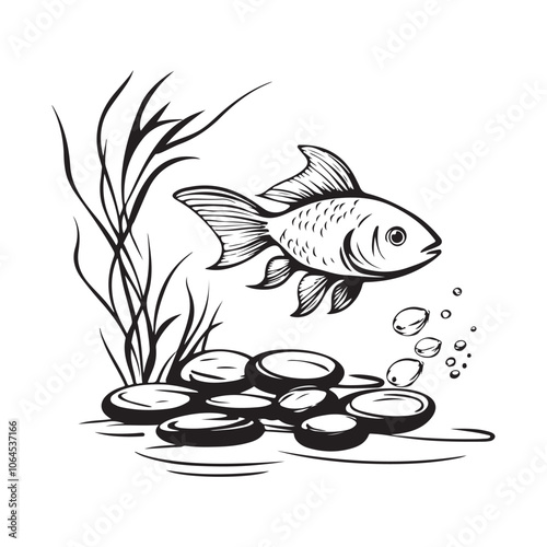 Aquarium fish swimming among stones and seaweed Vector Image isolated on white background.