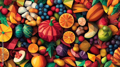 Colorful assortment of various fruits and vegetables arranged artfully on a surface
