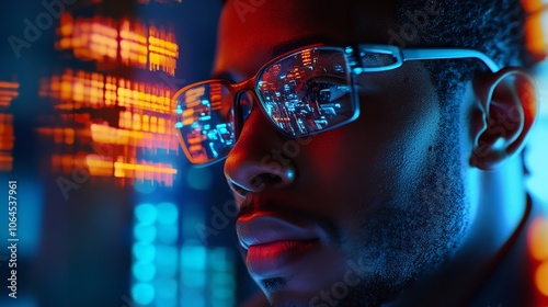 Wallpaper Mural A person wearing glasses with a circuit design printed on the lenses, great for tech and innovation concepts. Torontodigital.ca