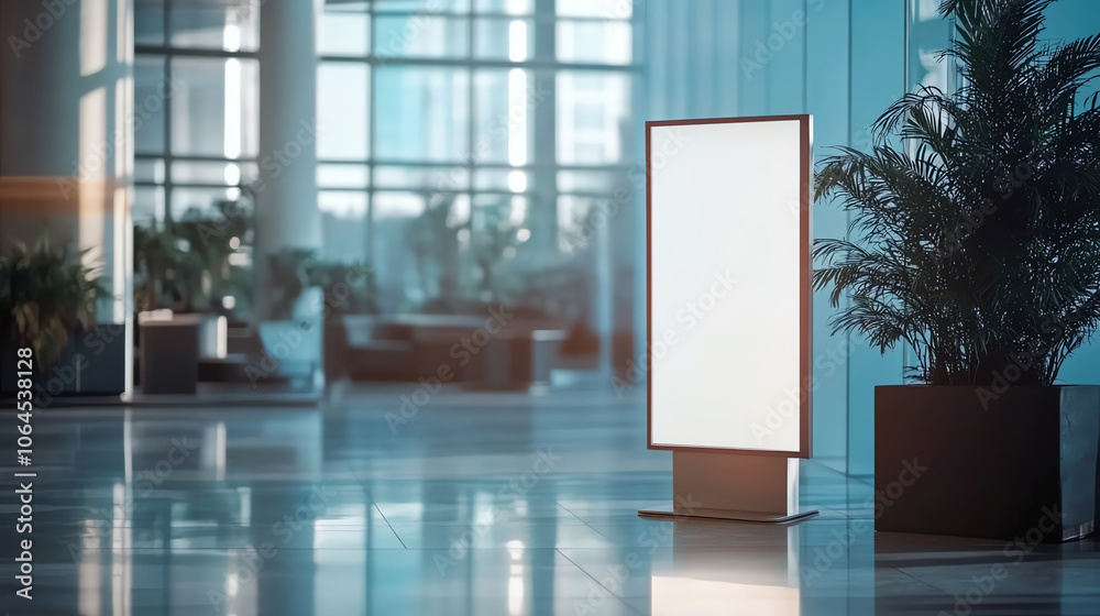 White advertisement stand mockup with palm plants White advertisement stand mockup with palm plants