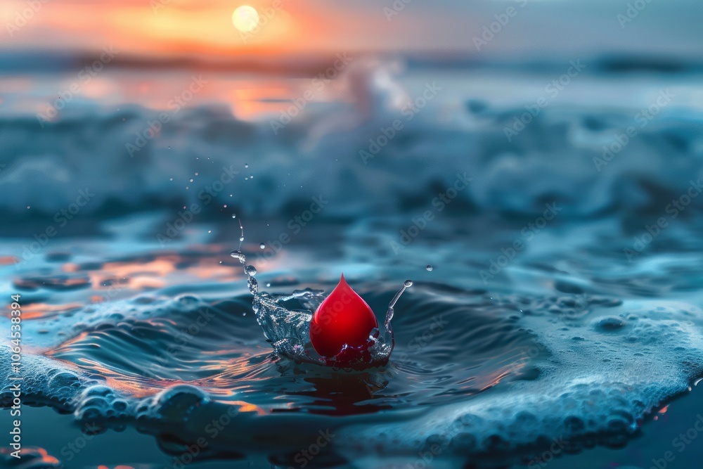 Fototapeta premium a symbolic red drop merging with the ocean, representing widespread impact