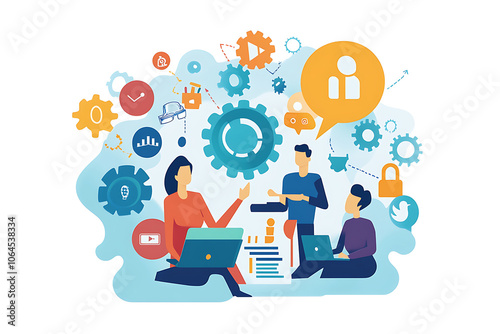 Work of employees in the office and team. People discuss of a business plan on a monitor, brainstorming a startup idea, creating a company vision, entrepreneur developing a mission.Vector illustration photo