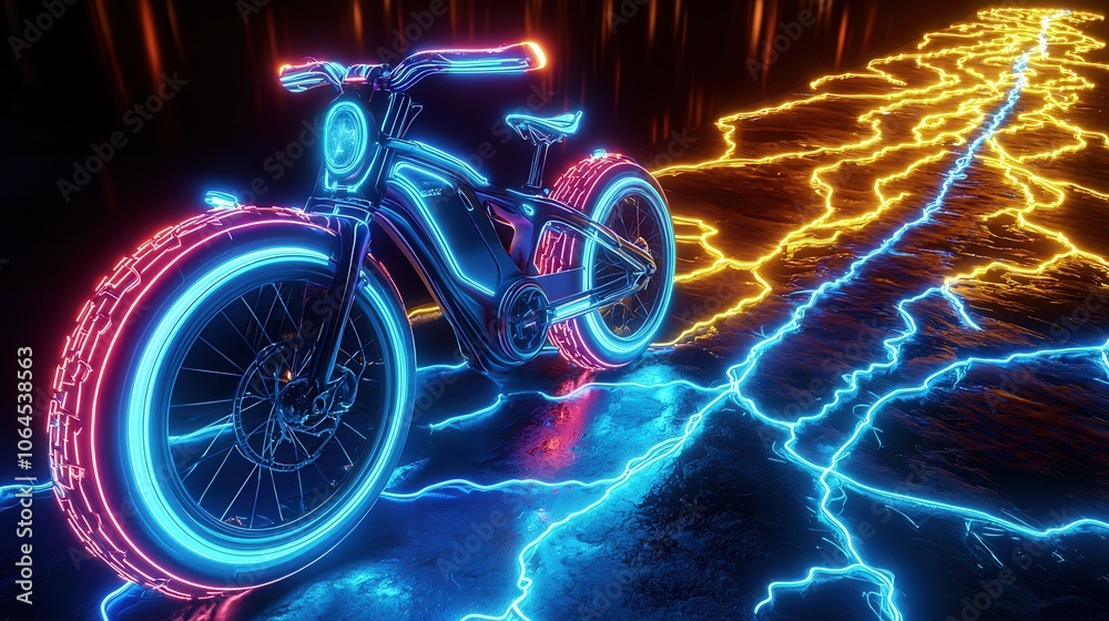 A vibrant, futuristic bicycle illuminated with neon lights, leaving a trail of glowing blue and orange electric patterns on a dark surface. A vibrant, futuristic bicycle illuminated with neon lights, leaving a trail of glowing blue and orange electric patterns on a dark surface.