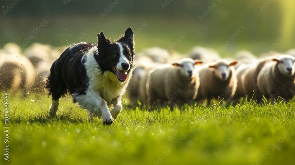 A black and white Border Collie herding a flock of sheep in a field. A black and white Border Collie herding a flock of sheep in a field.