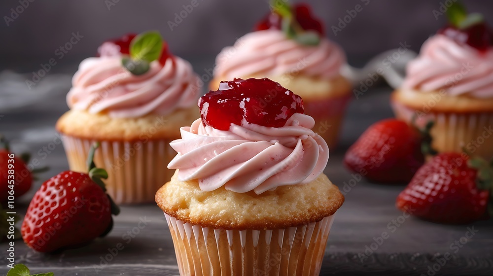 Cupcakes with cream filling and strawberry jam frosting on top Cupcakes with cream filling and strawberry jam frosting on top