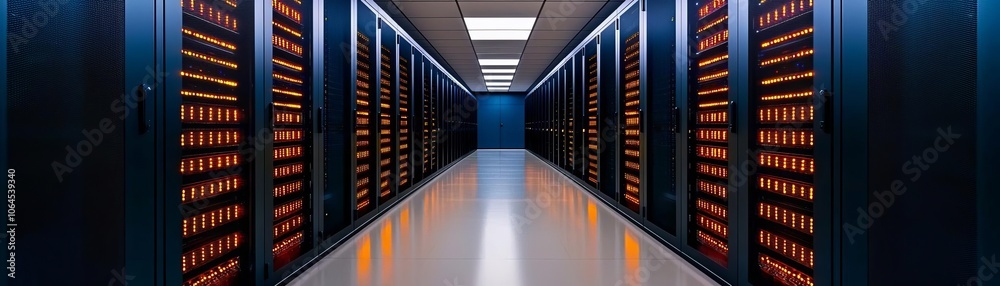 Fototapeta premium A modern data center showcasing rows of servers in a sleek, organized layout. The ambient lighting enhances the technological atmosphere.