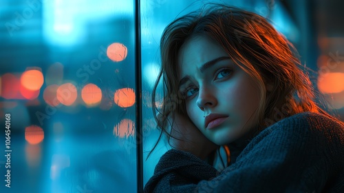 A woman leaning against a glass wall, visibly drained photo