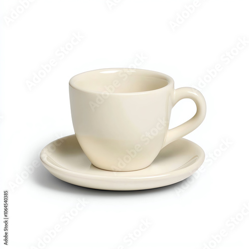 A small espresso cup and saucer in white on solid white background, single object photo