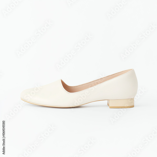 A simple pair of white leather ballet flats on solid white background, single object