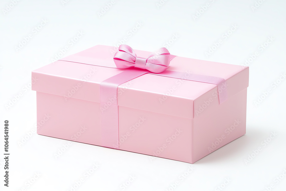 Fototapeta premium A pastel pink gift box with delicate bow on solid white background, single object