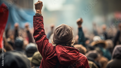 
A raised fist of a protestor at a violent political demonstration