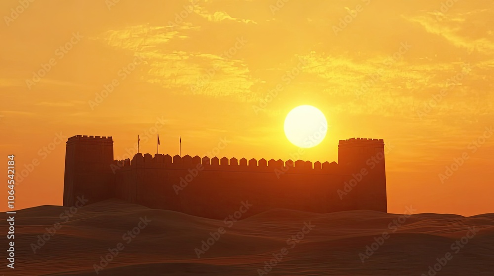 Desert Castle at Sunset with Golden Sky