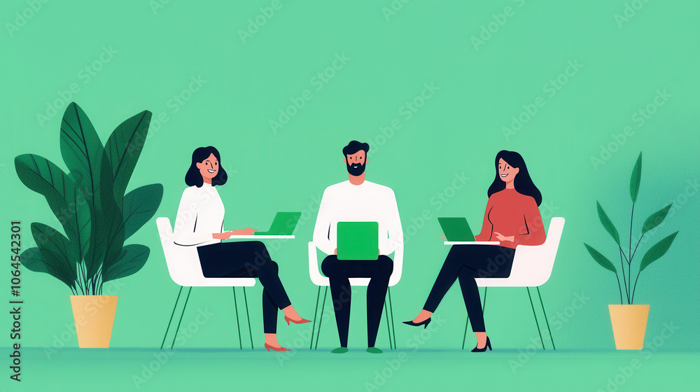 A group of three professionals collaborating in a modern workspace A group of three professionals collaborating in a modern workspace