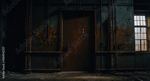 Rusted metal door slightly ajar in an abandoned factory, revealing a dark room beyond, filled with eerie shadows and an unsettling quiet.