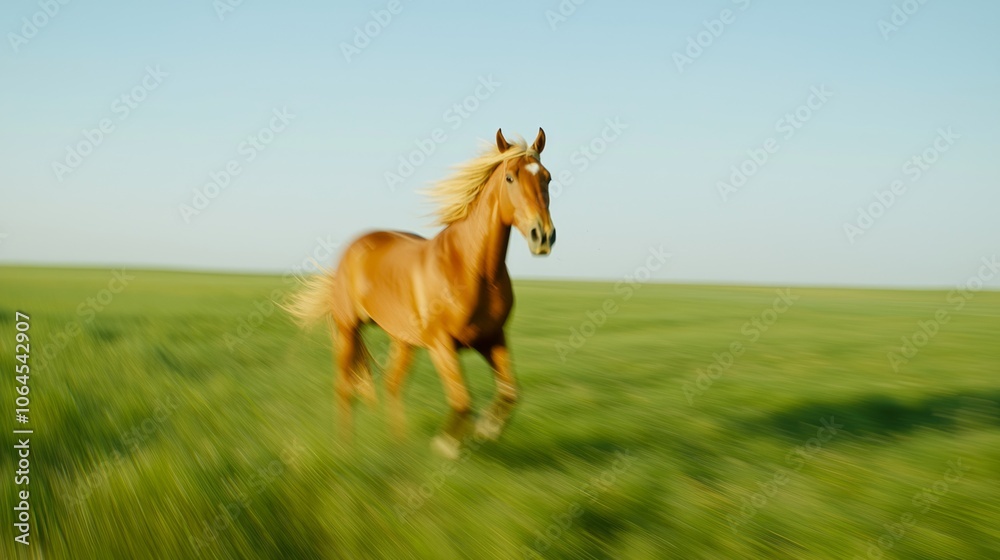 Majestic Horse Galloping in Open Field with Blurred Motion Mane and Tail, Blue Sky Background - Ultra-Detailed Equine Photography Majestic Horse Galloping in Open Field with Blurred Motion Mane and Tail, Blue Sky Background - Ultra-Detailed Equine Photography