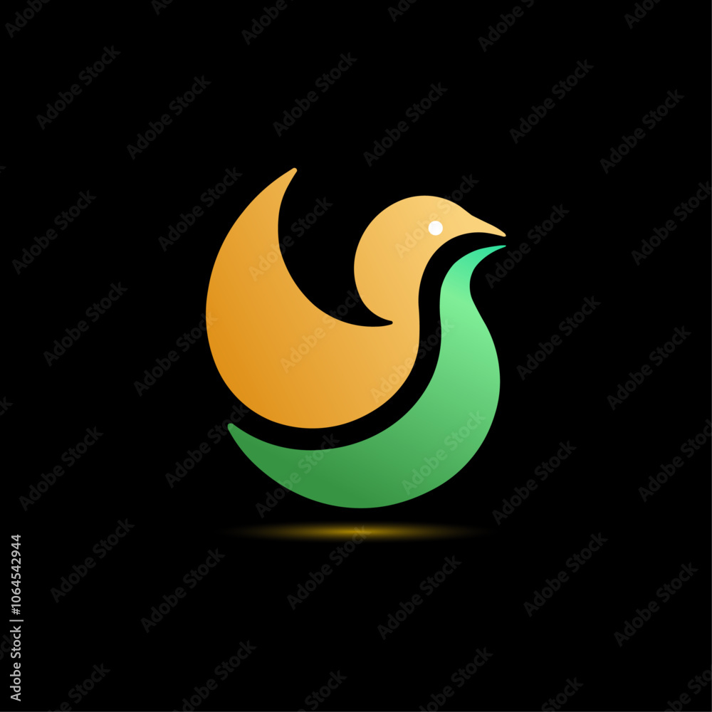 Stylized bird logo, circular design, golden yellow and green colors. Stylized bird logo, circular design, golden yellow and green colors.