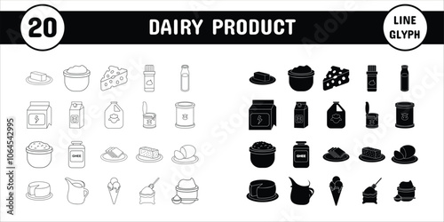 Dairy Product Line Glyph Vector Illustration Icon Sticker Set Design Materials