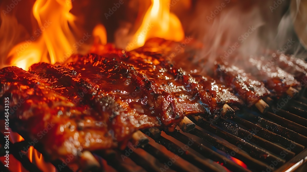 Delicious barbecue ribs in a charcoal smoker over a flame in closeup Delicious barbecue ribs in a charcoal smoker over a flame in closeup