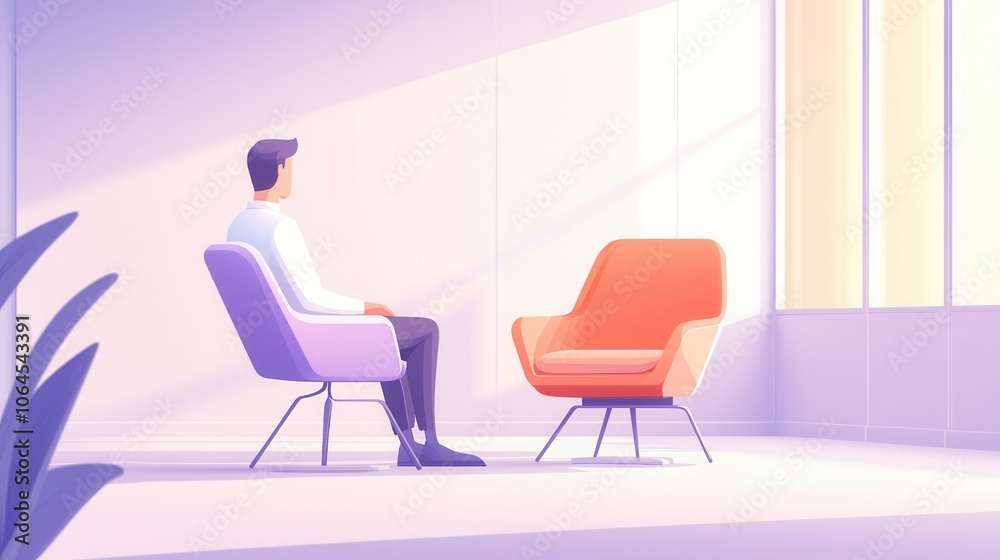 A serene illustration of a man sitting in a bright room, facing two colorful chairs A serene illustration of a man sitting in a bright room, facing two colorful chairs