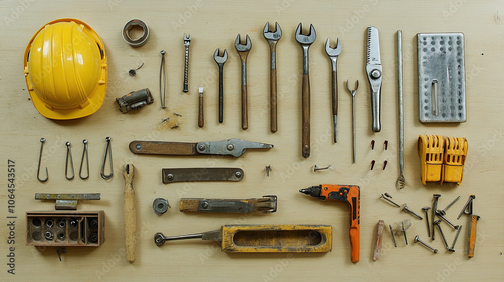 Looking down at the tools and helmets placed on the desktop