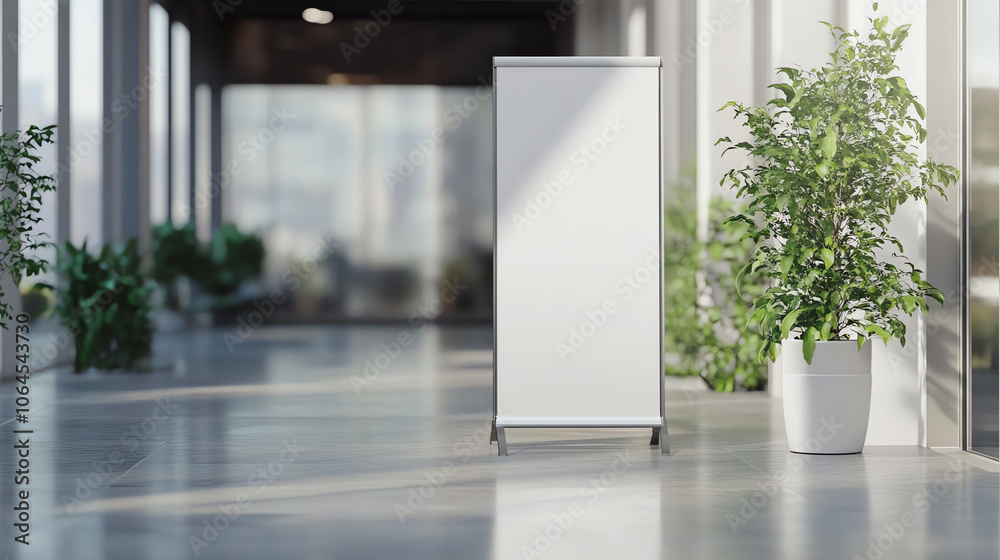 Mockup. Spacious Plant-Decorated Interior with Promotion Panel, Morning Light Mockup. Spacious Plant-Decorated Interior with Promotion Panel, Morning Light