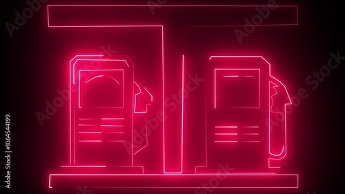 Glowing neon fuel pump station, red color neon patrol pump station on black background