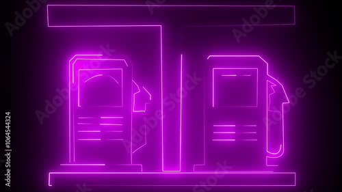 Glowing neon fuel pump station, pink color neon patrol pump station on black background