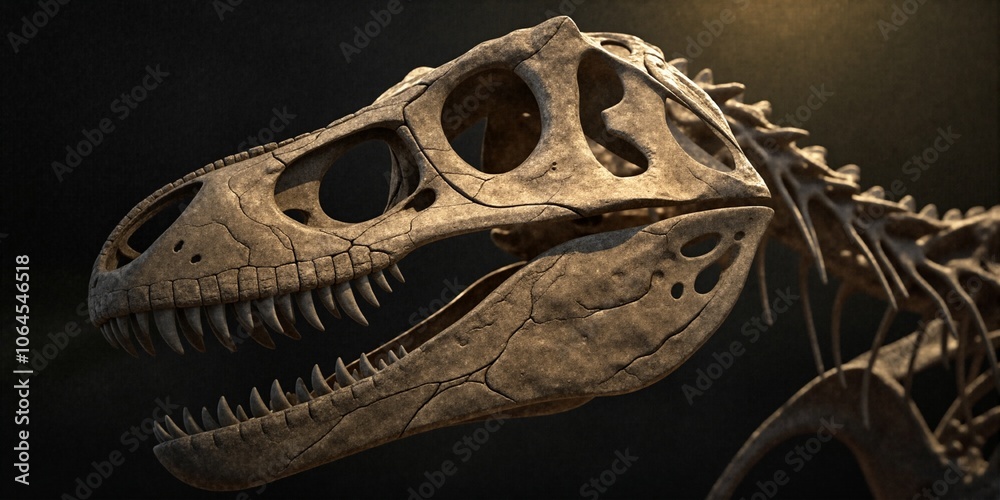 Close-up of dinosaur skull fossil showcasing intricate details with dramatic lighting in a museum