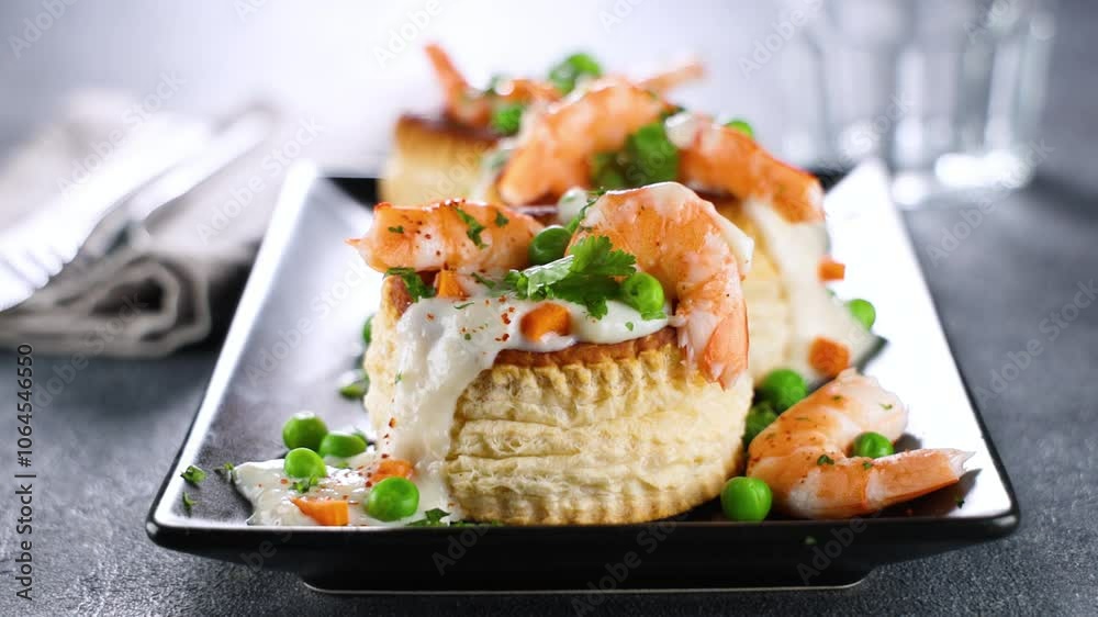 vol au vent, puff pastry with shrimp, cream and pea vol au vent, puff pastry with shrimp, cream and pea