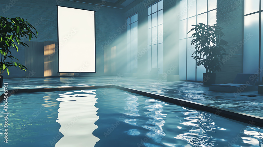 Fototapeta premium Mockup. Outdoor Digital Billboard near Swimming Pool, Tranquil Blue Hues, Marketing Space
