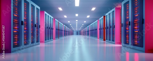 Brightly lit data center aisle with symmetrical server racks, vibrant lighting, spacious white floor, breathtakingly clean setting showcasing advanced digital storage