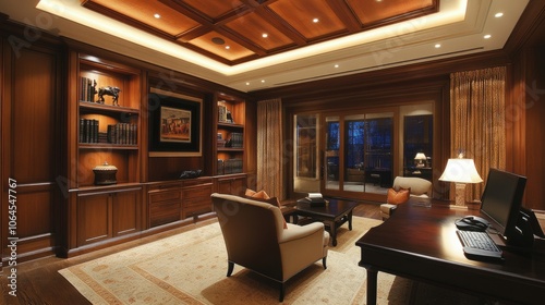 Elegant home office with recessed ceiling lighting and hidden LED strips, casting a soft glow over a stylish desk and seating area.