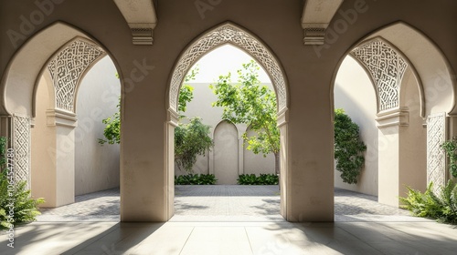 Serene Courtyard with Arched Doorways and Greenery