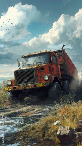 Rusty Red Truck on a Muddy Country Road