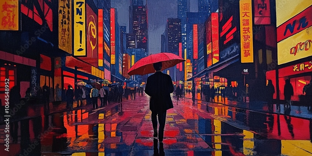 Naklejka premium Neon night urban cityscape with vibrant reflection. Umbrella silhouette against colorful street lights. Rainy night in bustling metropolis, artistic illustration, ideal for travel and nightlife