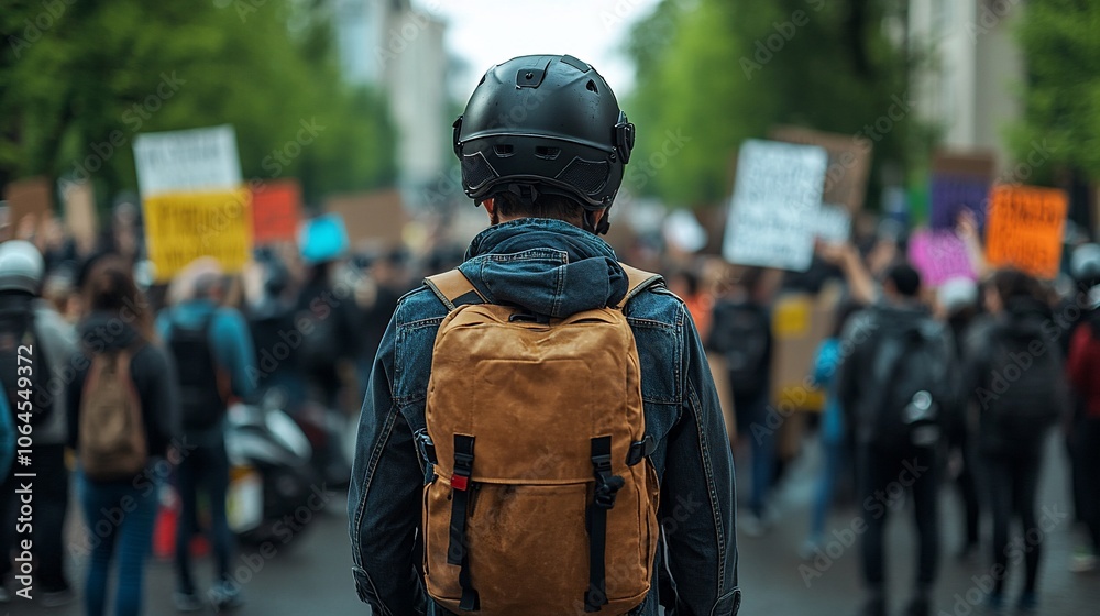 A lone protester wearing a helmet and backpack stands amidst a crowd of demonstrators, signs and flags are visible in the background. A lone protester wearing a helmet and backpack stands amidst a crowd of demonstrators, signs and flags are visible in the background.
