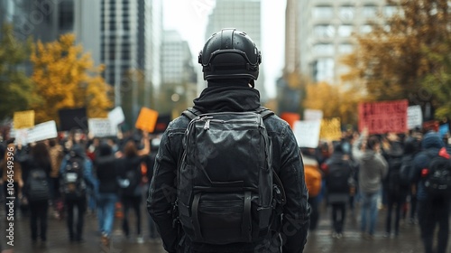 A lone protester wearing a helmet and backpack stands in front of a crowd of people holding signs at a protest.