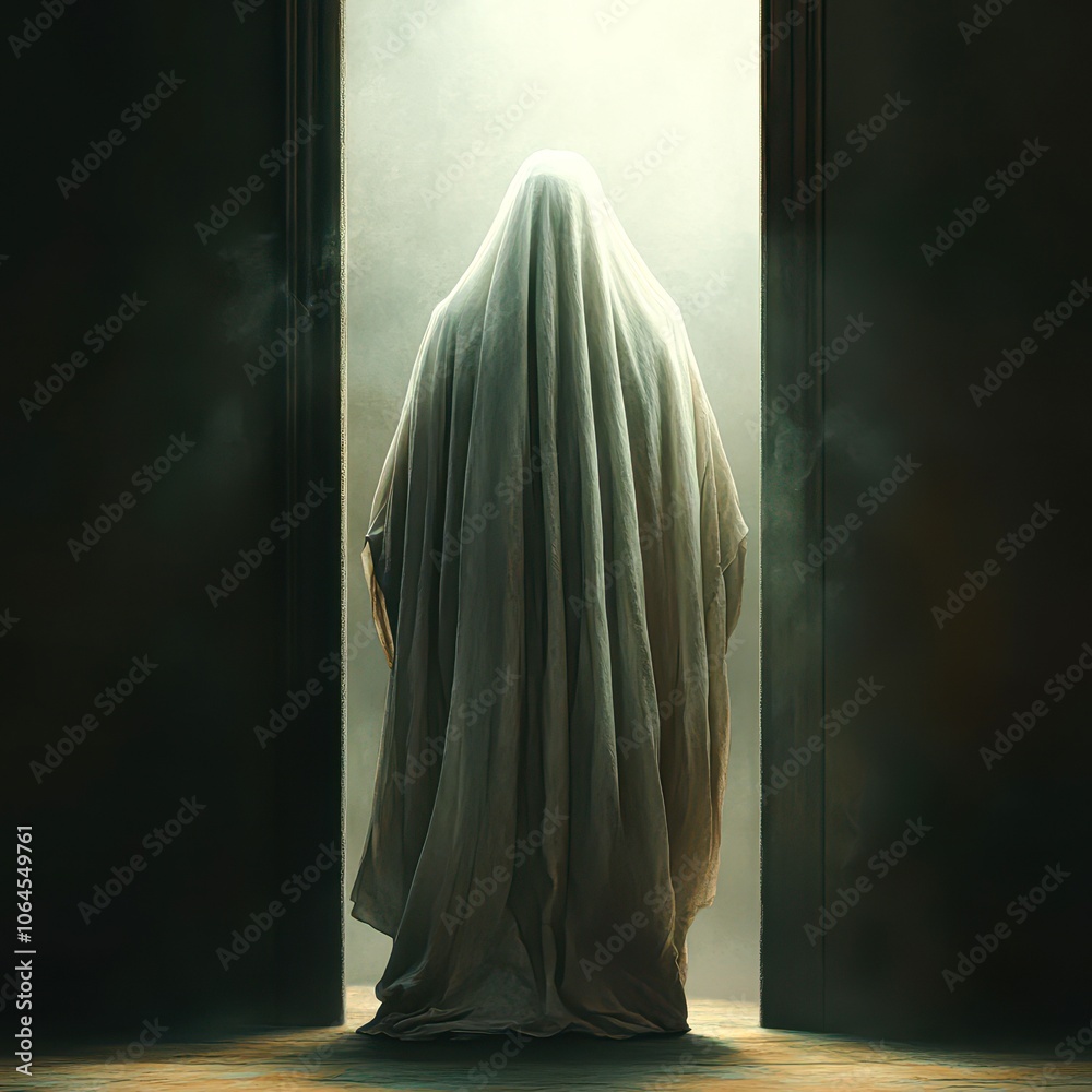 A mysterious figure draped in a flowing garment stands at a lit doorway, creating an eerie yet captivating atmosphere, This stock photo can be used for themes related to mystery, horror A mysterious figure draped in a flowing garment stands at a lit doorway, creating an eerie yet captivating atmosphere, This stock photo can be used for themes related to mystery, horror