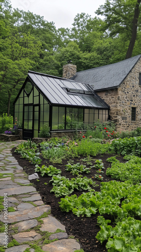 Greenhouse stands in garden patch near stone storage shed, wallpaper