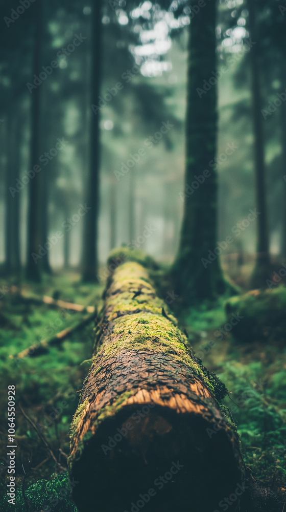 Moss-covered logs spread across forest floor beneath tree canopy, wallpaper Moss-covered logs spread across forest floor beneath tree canopy, wallpaper
