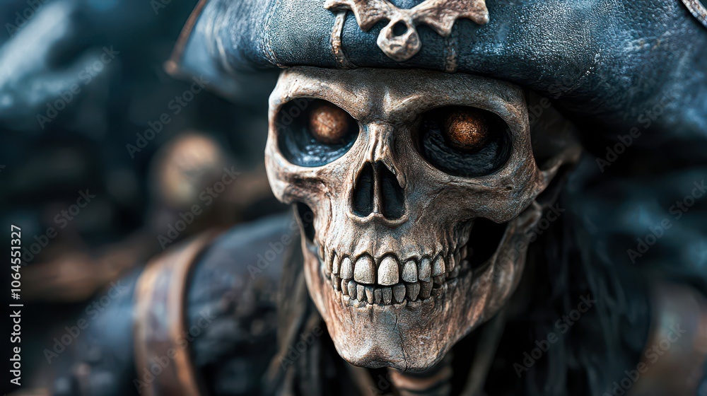 A detailed close-up of a pirate skull wearing a weathered hat, capturing a mysterious and eerie vibe, ideal for Halloween-themed content, pirate lore, or promoting adventure stories, A detailed close-up of a pirate skull wearing a weathered hat, capturing a mysterious and eerie vibe, ideal for Halloween-themed content, pirate lore, or promoting adventure stories,