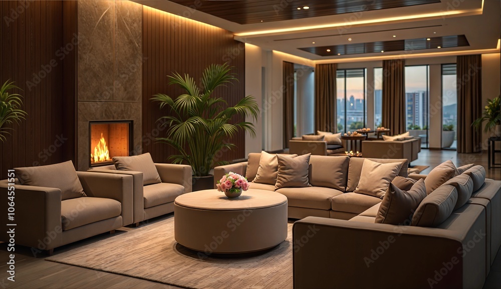 Fototapeta premium Hotel lobby scene with plush sofas and a glowing fireplace, rendered in muted colors to emphasize relaxation and comfort